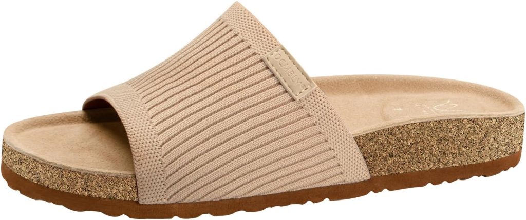 DCMBLY Womens Cork Footbed Sandals with Arch Support,Womens Cow Suede Slides Slip-on Casual Flat Sandals with Breathable Knit Upper and Memory Foam